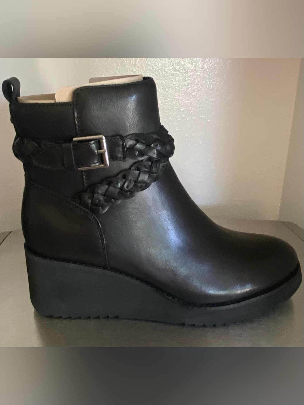NEW-EARTH WOMENS LEATHER WEDGE ZIP UP ANKLE BOOTS WITH BRAIDED STRAP